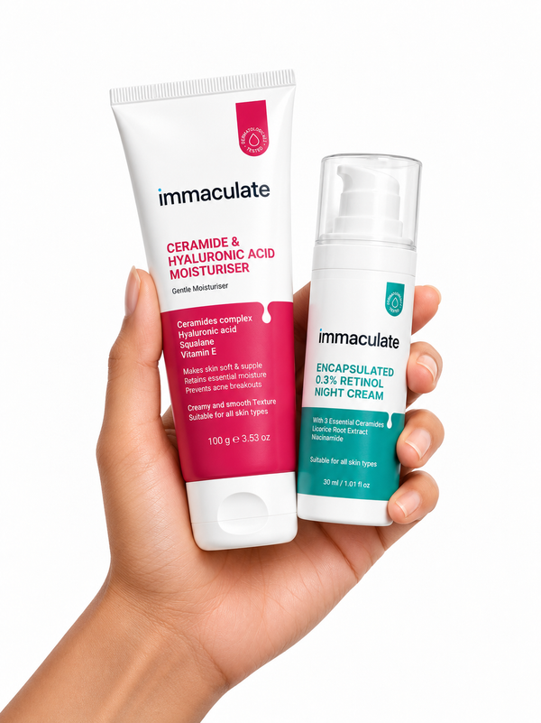 Immaculate retinol night cream and ceramide hyaluronic acid moisturiser combo for skin repair and hydration