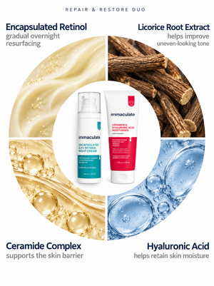 Immaculate retinol night cream and ceramide hyaluronic acid moisturiser combo for skin repair and hydration