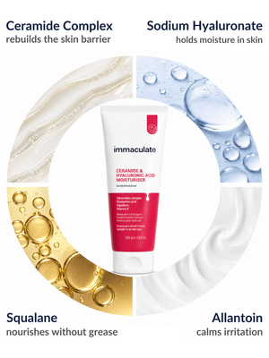 Key ingredients in the Immaculate Ceramide & Hyaluronic Acid Face Moisturiser: Ceramide Complex, Sodium Hyaluronate, Squalane and Allantoin