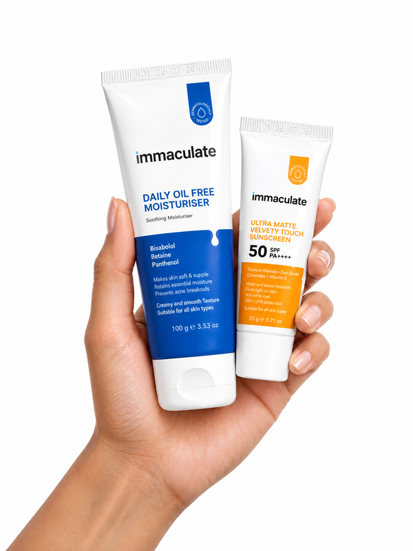Immaculate oil-free moisturiser and SPF 50 sunscreen combo for matte skin and daily sun protection