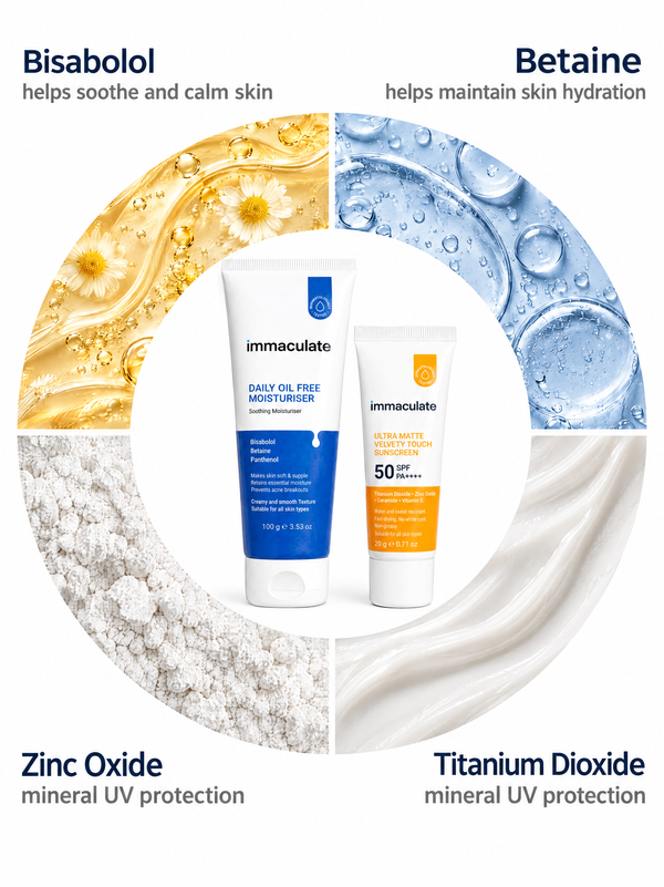 Immaculate oil-free moisturiser and SPF 50 sunscreen combo for matte skin and daily sun protection