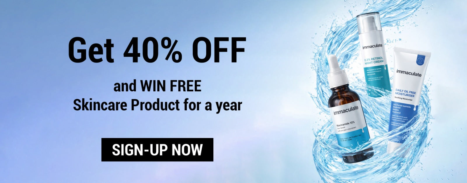 Promotional banner for skincare products with a 40% off offer and free product giveaway.