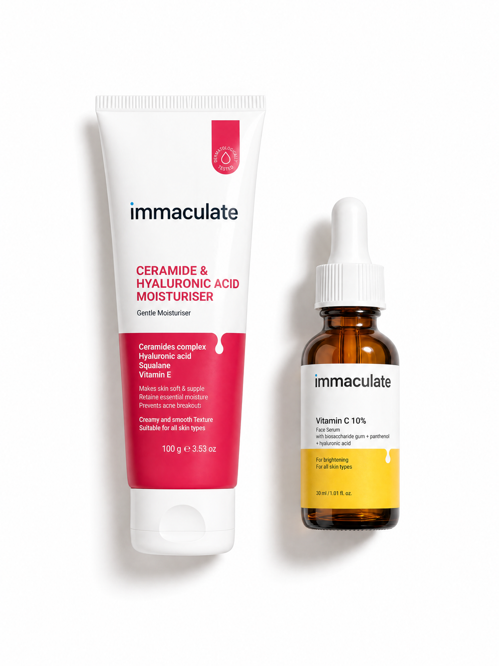 Immaculate moisturiser and Vitamin C serum combo with ceramides, hyaluronic acid and brightening skincare