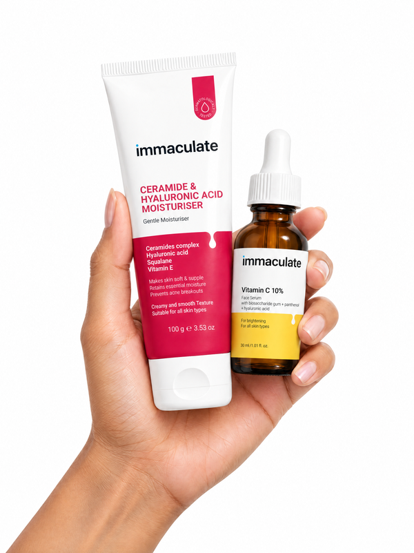 Immaculate moisturiser and Vitamin C serum combo with ceramides, hyaluronic acid and brightening skincare