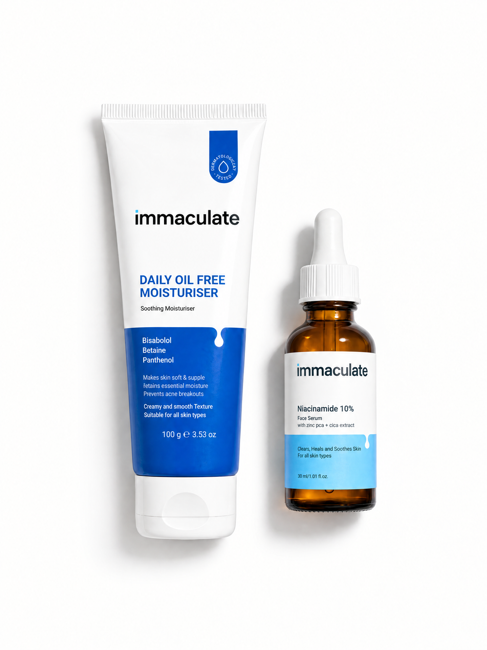 Immaculate oil-free moisturiser and Niacinamide 10% serum combo for oily, acne-prone and uneven skin