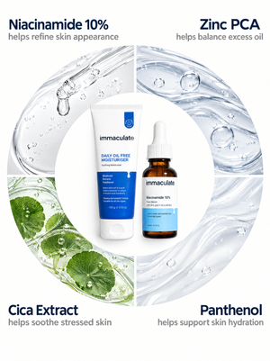 Immaculate oil-free moisturiser and Niacinamide 10% serum combo for oily, acne-prone and uneven skin