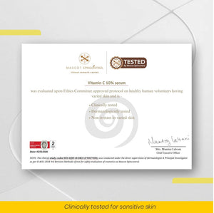 Mascot Spincontrol clinical research certificate for Immaculate Vitamin C 10% Serum - clinically tested, dermatologically tested and non-irritant to varied skin