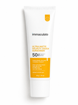 Immaculate Ultra Matte Velvety Touch Sunscreen SPF 50 PA++++ 50g tube with Titanium Dioxide, Zinc Oxide, Ceramides and Vitamin E for oily skin, no white cast