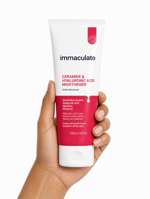 Hand holding the Immaculate Ceramide & Hyaluronic Acid Face Moisturiser tube, showing its size and everyday form