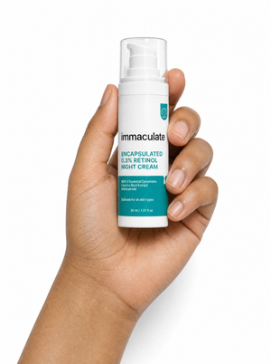 Hand holding the Immaculate Encapsulated 0.3% Retinol Night Cream, showing its size and everyday form
