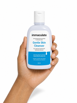 Hand holding the Immaculate Gentle Face Cleanser, showing its size and everyday form
