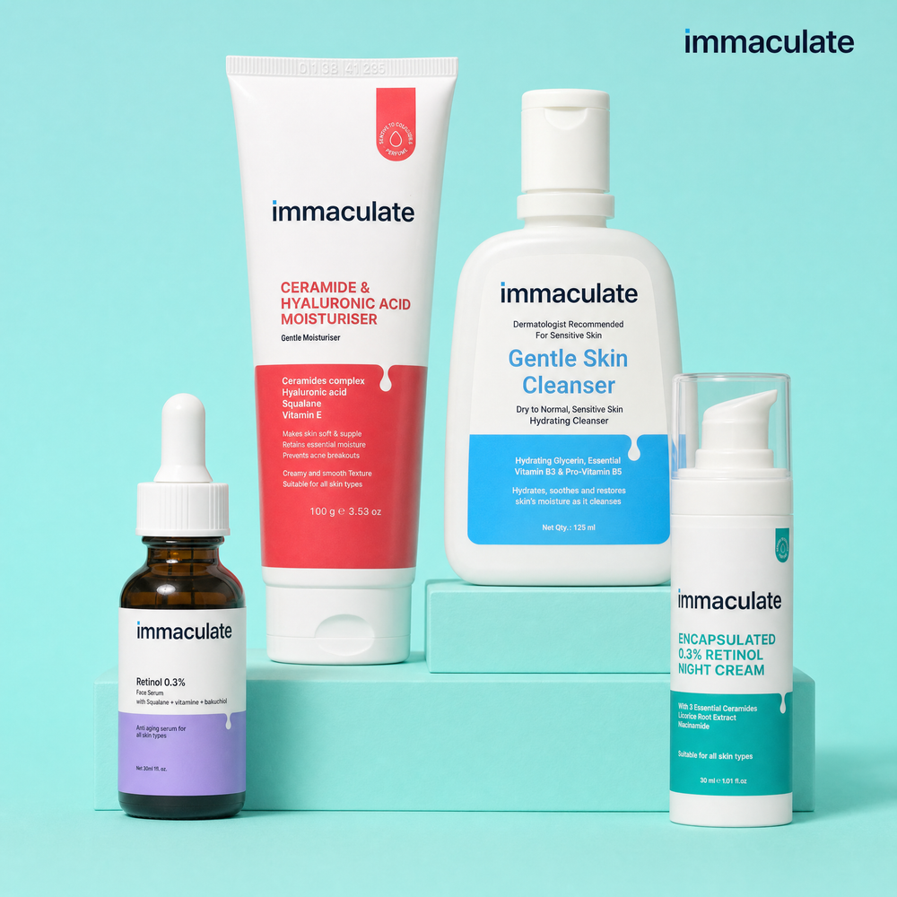 The Immaculate Anti-Ageing Night Repair Kit — retinol serum, Ceramide & hyaluronic acid moisturiser, gentle cleanser and encapsulated retinol night cream on a mint studio set