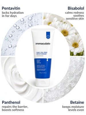 Key ingredients in the Immaculate Daily Oil-Free Face Moisturiser: Pentavitin, Bisabolol, Panthenol and Betaine
