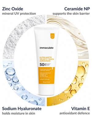 Key ingredients in the Immaculate Ultra Matte Velvety Touch Sunscreen: Zinc Oxide, Ceramide NP, Sodium Hyaluronate and Vitamin E