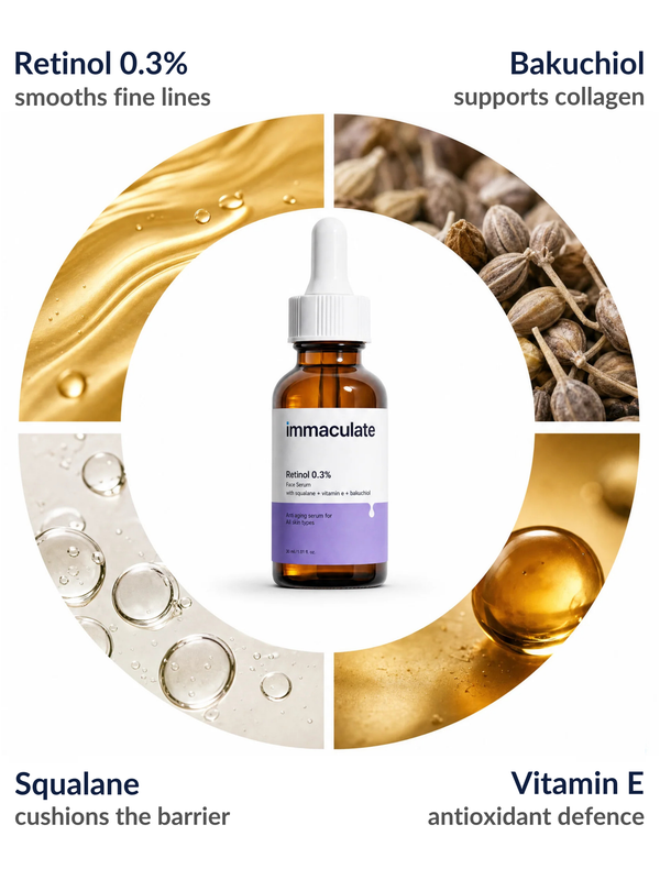 Key ingredients in the Immaculate Retinol 0.3% Face Serum: Retinol, Bakuchiol, Squalane and Vitamin E