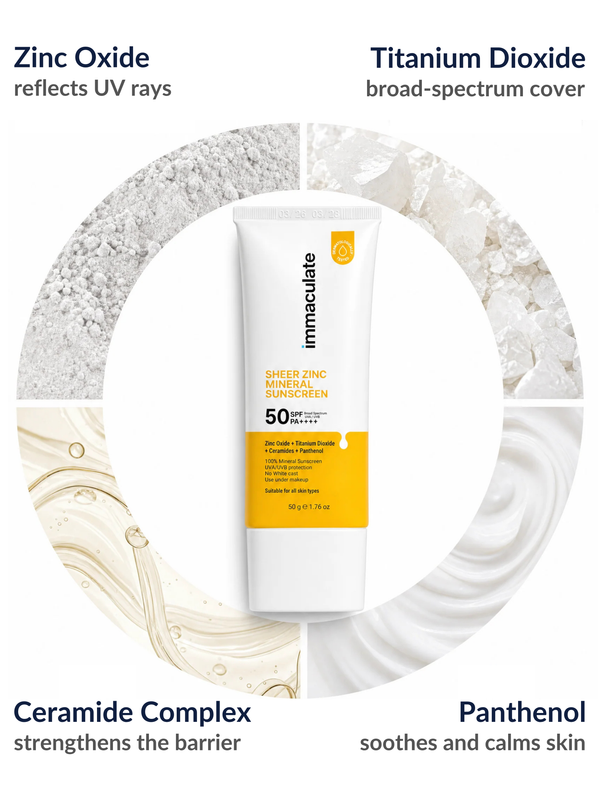 Key ingredients in the Immaculate Sheer Zinc Mineral Sunscreen: Zinc Oxide, Titanium Dioxide, Ceramide Complex and Panthenol