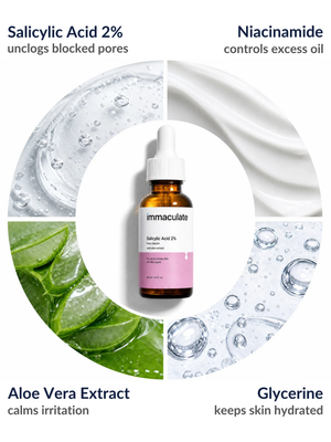 Key ingredients in the Immaculate Salicylic Acid 2% Face Serum: Salicylic Acid, Niacinamide, Aloe Vera Extract and Glycerine