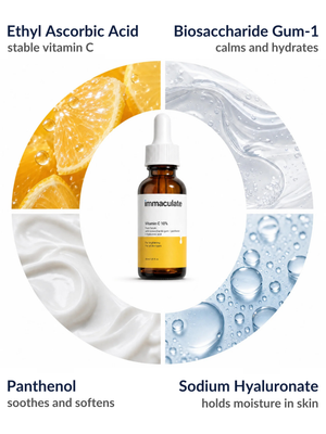 Key ingredients in the Immaculate Vitamin C 10% Face Serum: Ethyl Ascorbic Acid, Biosaccharide Gum-1, Panthenol and Sodium Hyaluronate