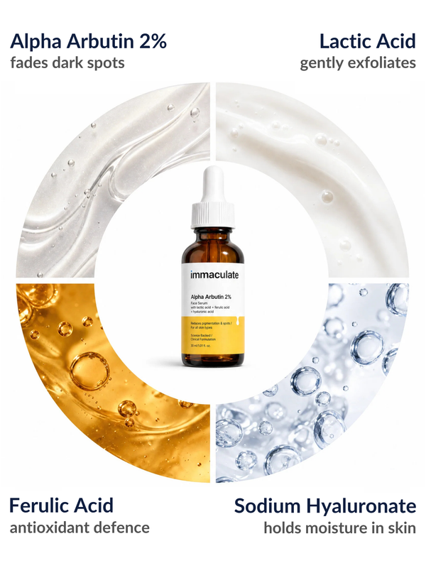 Key ingredients in the Immaculate Alpha Arbutin 2% Face Serum: Alpha Arbutin, Lactic Acid, Ferulic Acid and Sodium Hyaluronate