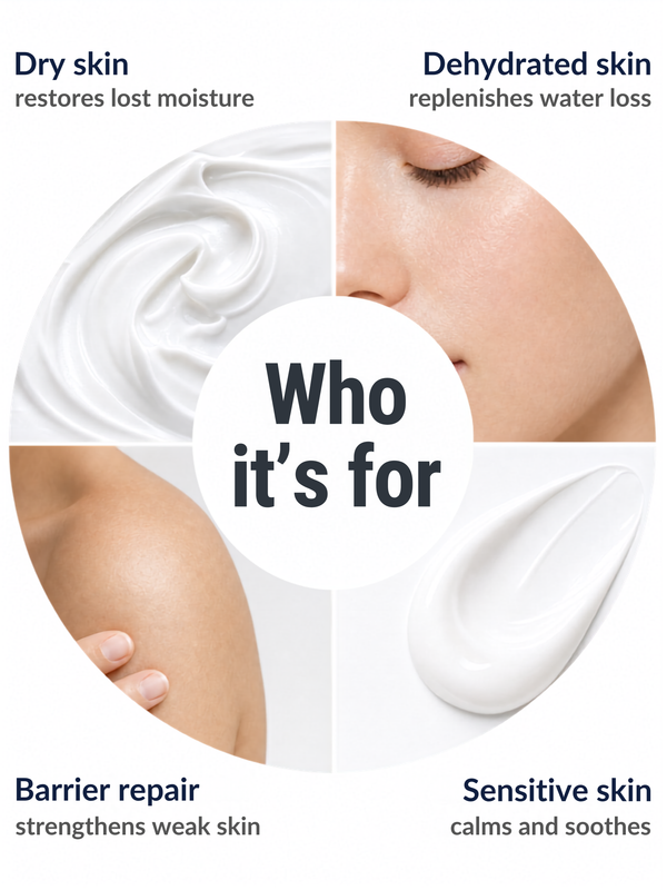 Who the Immaculate Ceramide & Hyaluronic Acid Face Moisturiser suits: dry skin, dehydrated skin, barrier repair and sensitive skin