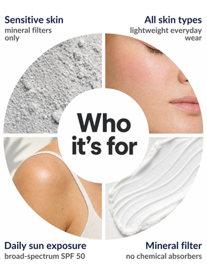 Who the Immaculate Sheer Zinc Mineral Sunscreen suits: sensitive skin, all skin types, daily sun exposure and mineral filter
