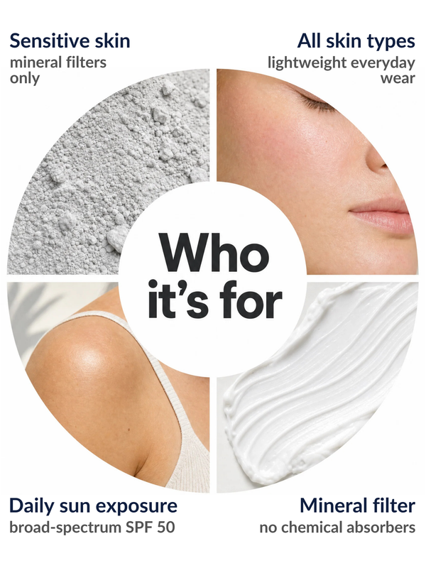 Who the Immaculate Sheer Zinc Mineral Sunscreen suits: sensitive skin, all skin types, daily sun exposure and mineral filter