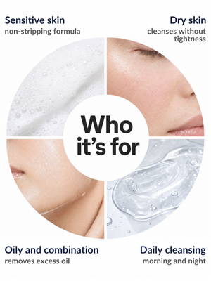 Who the Immaculate Gentle Face Cleanser suits: sensitive skin, dry skin, oily and combination skin and daily cleansing