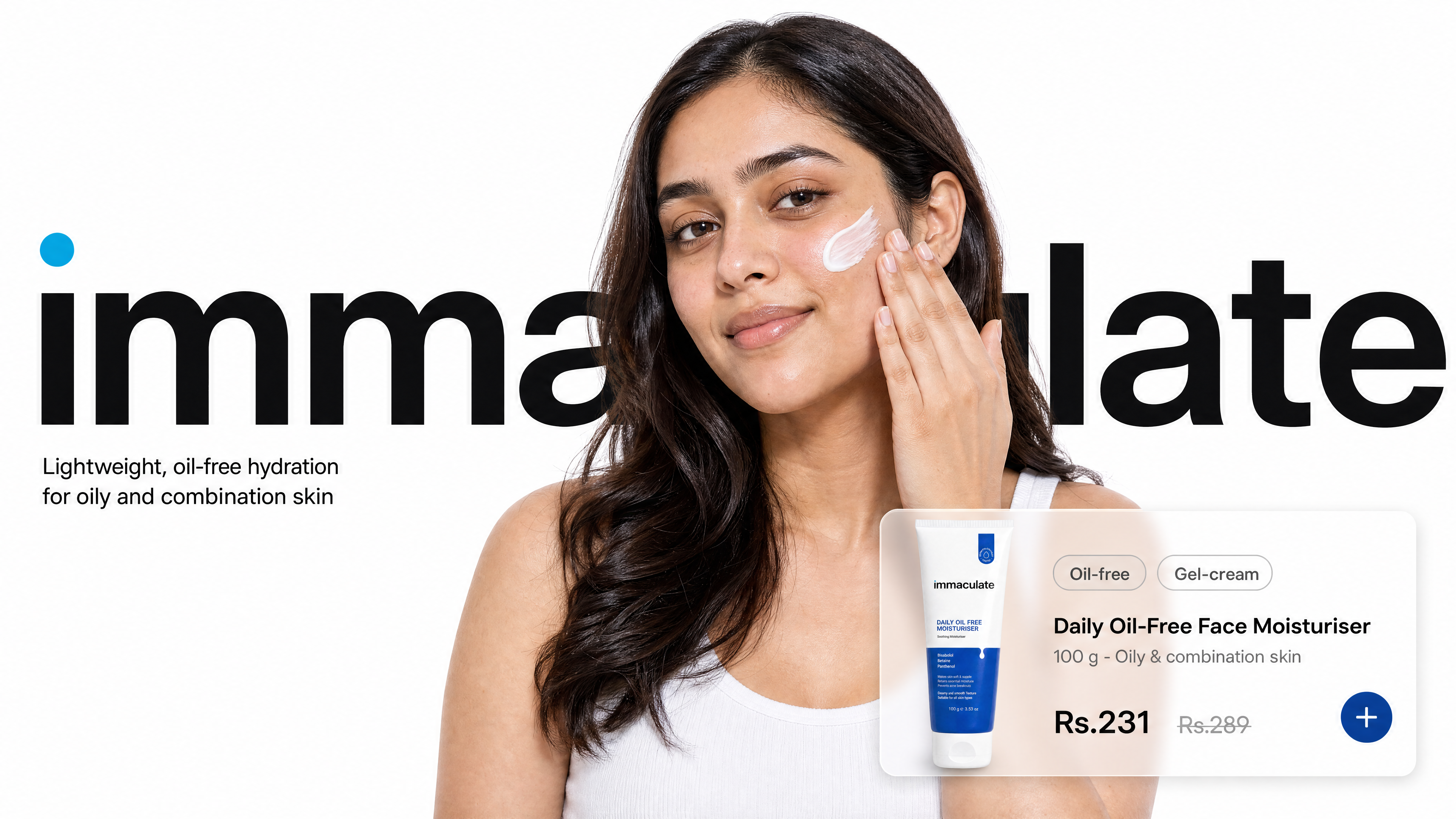 Immaculate Daily Oil-Free Face Moisturiser hero banner - woman applying lightweight oil-free moisturiser with large immaculate wordmark on a white background
