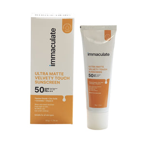 Immaculate Ultra Matte Velvety Touch Sunscreen packaging and tube on a white background
